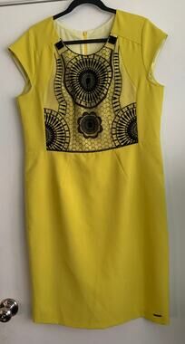 Vissavi European Yellow Black Mesh Lace Overlay Sheath Dress EU 46 US 14 XL